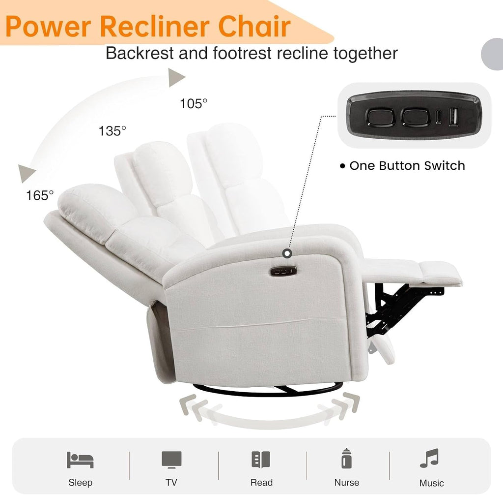 Power Swivel Rocker Recliner Chair for Nursery, Electric Rocking Reclining Chair, Upholstered Glider Nursery Recliner for Living Room, Bedroom, Chenille White