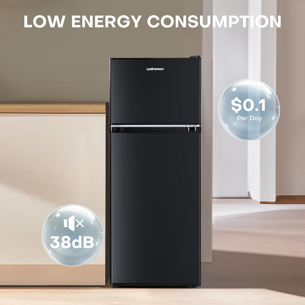 Upstreman 4.0 Cu.Ft. Mini Fridge with Freezer, Dorm Essentials, Double Door Small Refrigerator for Office, Dorm, Bedroom, Adjustable Thermostat, Large Capacity, Black-BR401