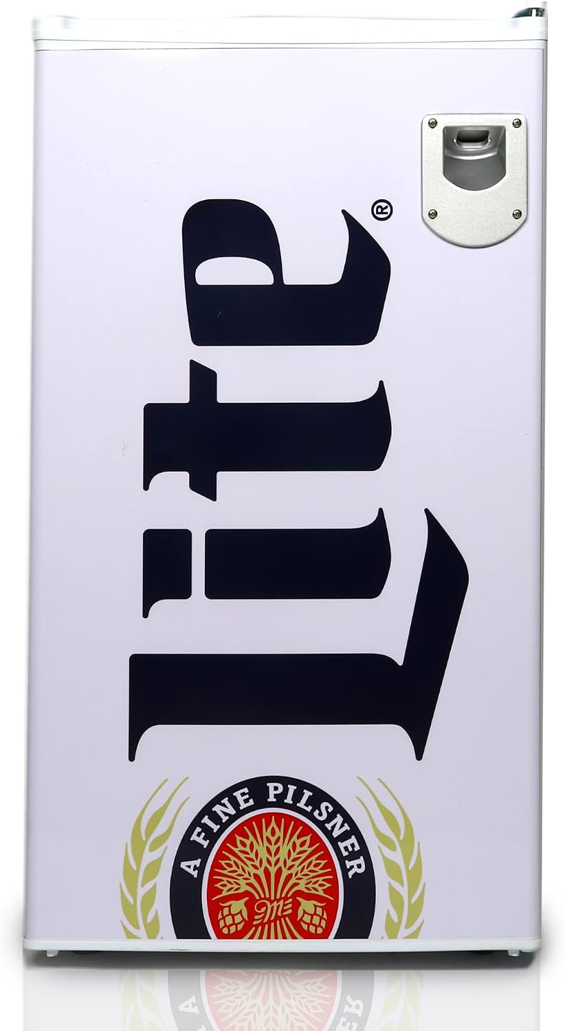 Miller Lite Koolatron Compact Fridge, Bottle Opener, 90 L/ 95 Quart 3.2 Cubic Foot for Snacks, Frozen Meals, Beverages, Juice, Beer, Den, Dorm, Office, Games Room, or RV