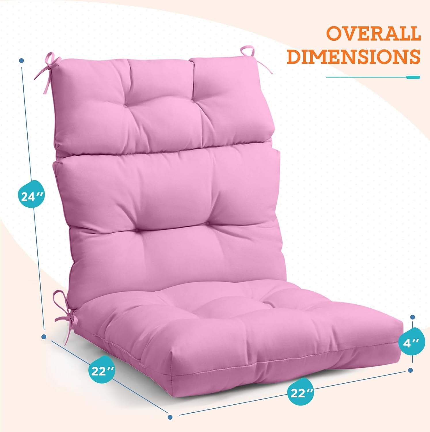 EAGLE PEAK Tufted Outdoor/Indoor High Back Patio Chair Cushions, Set of 2, 46'' x 22'', Pink