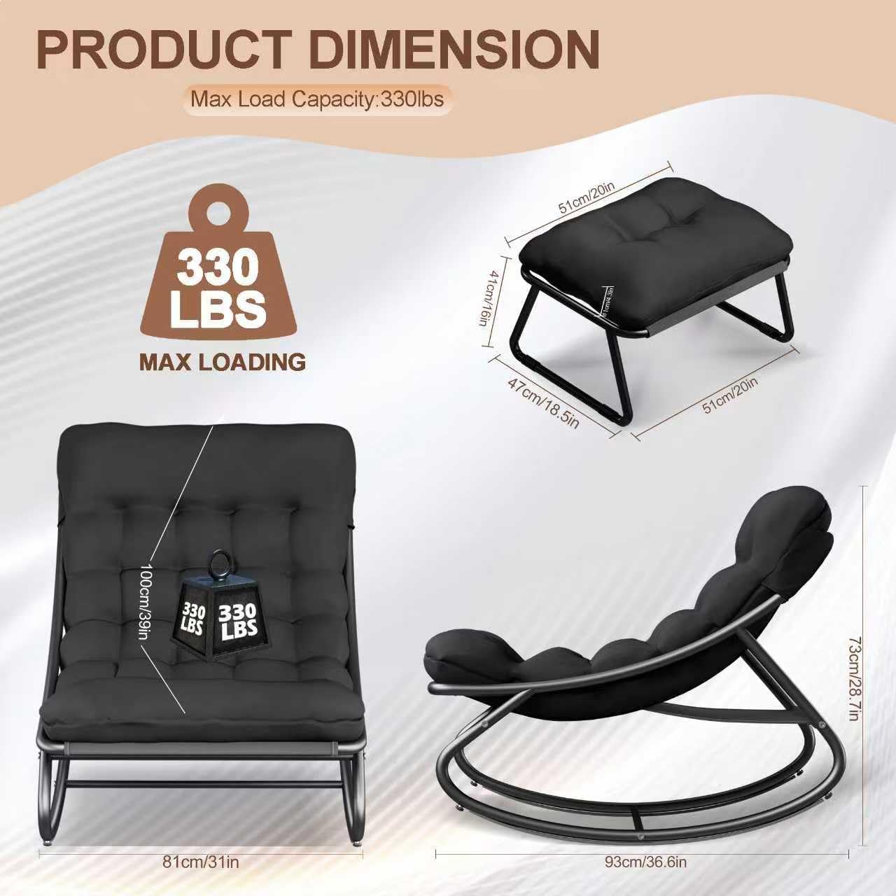 Indoor Rocking Chairs, Comfy Patio Chair, Rocking Chair with Ottoman and Sturdy Metal Frame, Balcony Chairs with Thickened Cushion, Silla Mecedora for Patio Porch Garden Living (Black)
