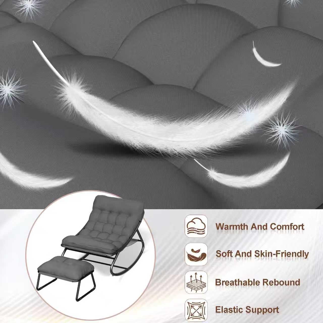 Outdoor and Indoor Rocking Chairs, Comfy Patio Chair, Rocking Chair with Ottoman and Sturdy Metal Frame, Balcony Chairs with Thickened Cushion, Silla Mecedora for Patio Porch Garden Living (Grey)
