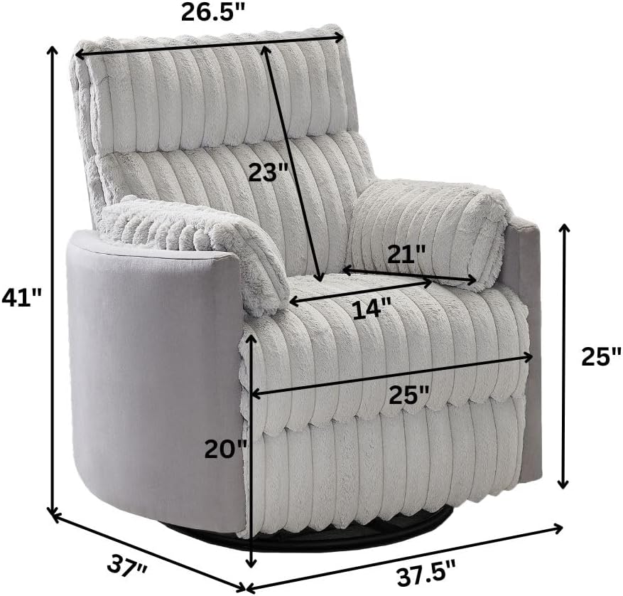 Power Swivel Rocker Recliner for Adults, Cozy Corduroy Recliner Chair with 2 Pillows for Bedroom, Electric Glider Rocking Nursery Chairs for Living Room (Light Grey)