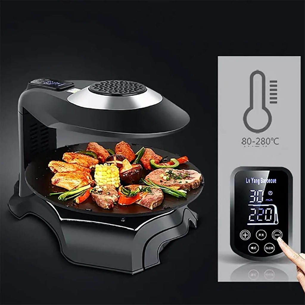 ERICAT Smokeless Indoor Grill, 1400W Smokeless Barbecue Machine with LCD Display Screen, 360° Automatic Rotating Baking Pan and Adjustable Temperature Range, Removable Baking Pan, for Party, Camping