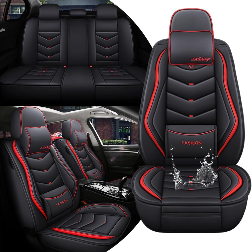 Car Seat Covers Full Set for Hyundai Accent 2018-2022 Leather Seat Covers, Waterproof Non-Slip Breathable Wear Seat Cover, Car Seat Protector Adapted Airbags（Luxury, Black+Red）