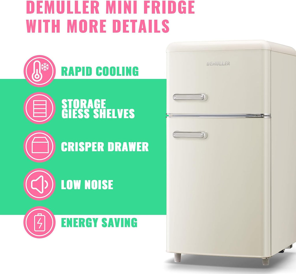 DEMULLER 3.5 Cu.ft Retro Mini Fridge with Freezer Dual Doors & Handles Compact Refrigerator with 7 Thermostat Control Freestanding Small Fridge with LED Light Cream