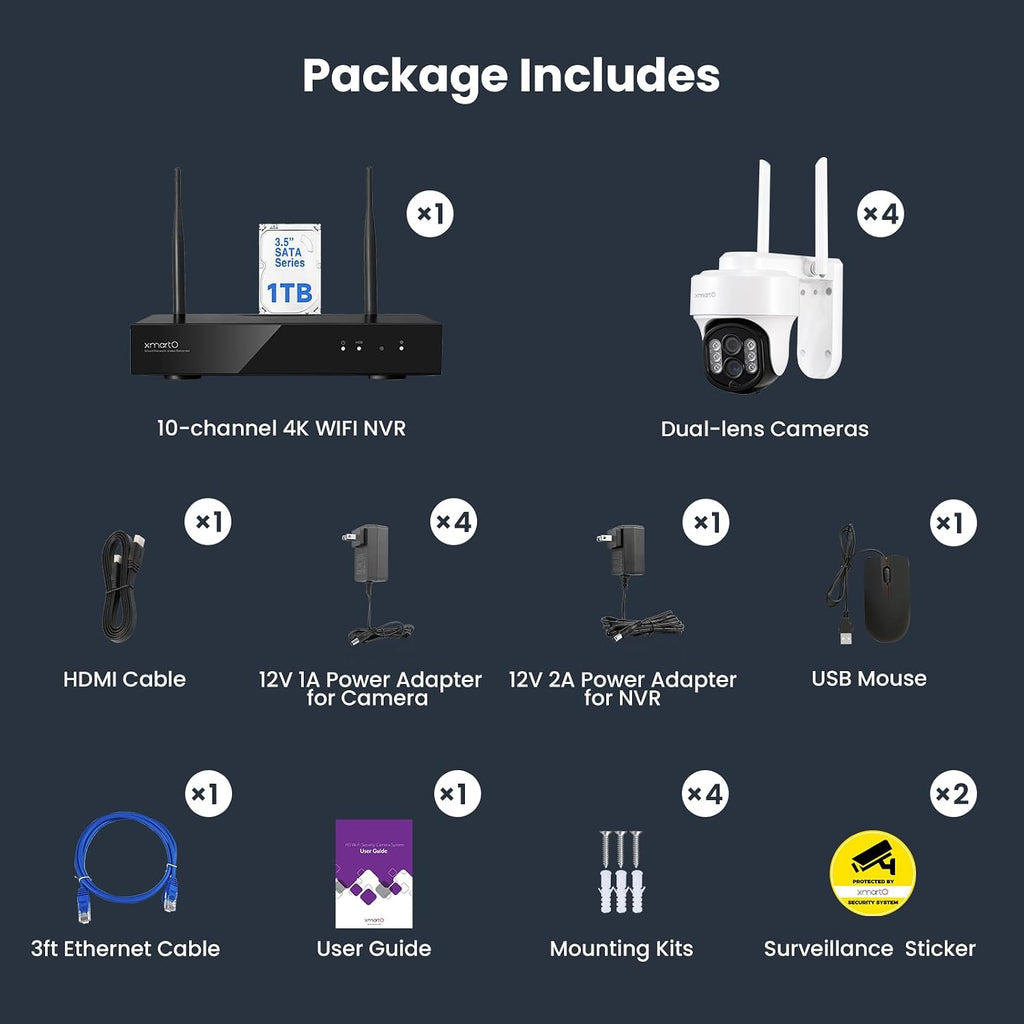 XMARTO 10X Zoom Mesh WiFi6 PTZ AI Tracking Security Camera System, 4-Cam 2K Dual Lens Kit, 10CH 4K Expandable NVR 1TB HDD, Long Range WiFi, Plug-in 24/7 Wireless Indoor/Outdoor Surveillance