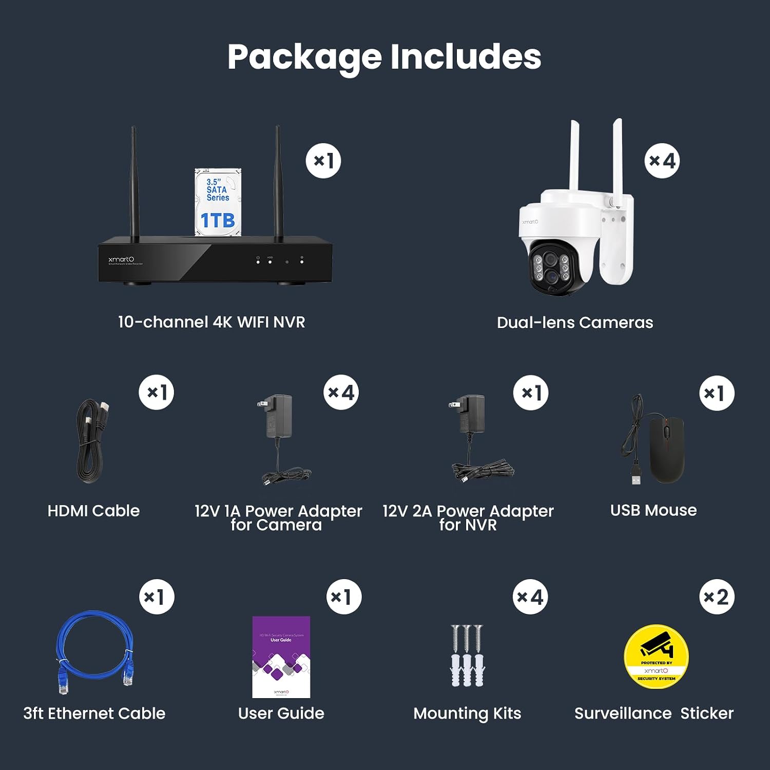 XMARTO 10X Zoom Mesh WiFi6 PTZ AI Tracking Security Camera System, 4-Cam 2K Dual Lens Kit, 10CH 4K Expandable NVR 1TB HDD, Long Range WiFi, Plug-in 24/7 Wireless Indoor/Outdoor Surveillance