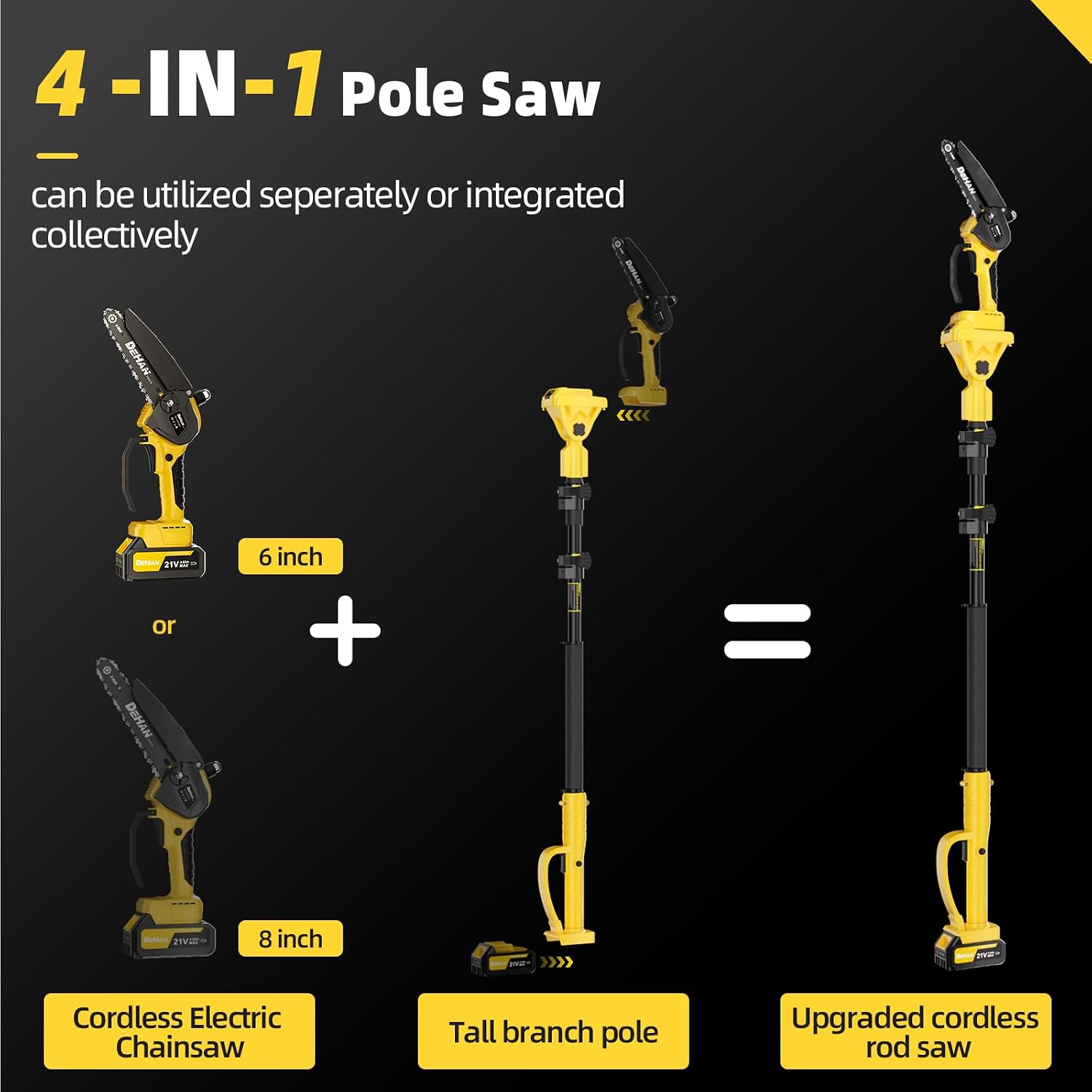 4-in-1 Electric Pole Saw for Tree Trimming, 6 Inch and 8 Inch Cordless Chainsaw with 2×4.0 Ah Batteries, Mini Chainsaw Cordless with Extension Pole, Battery Powered Pole Chain Saw for Branch Cutter