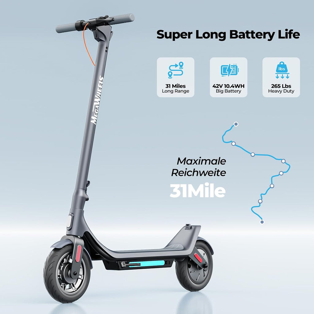 MEGAWHEELS Electric Scooter,Electric Scooter Adults Teens,10in Pneumatic Tires,350/500/600W Motor,19/31 Miles Range,15.5mph E Scooter with Smart APP Control for Commuting, Outdoor, Short Travel Gift