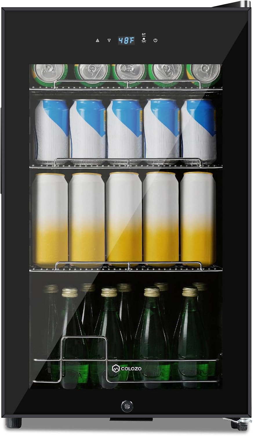 17 Inch Black Beverage Refrigerator Cooler, 96 Cans Mini Fridge with Glass Door&Lock, Beer Fridge for Soda Water or Wine, Drink Refrigerator for Home Office Bar Bedroom