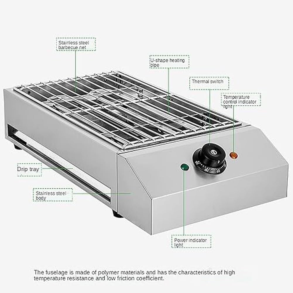 Portable Smokeless BBQ Grill Kebab Machine, 2600W Electric Heating Tube Seafood Meat BBQ Grill Machine, Temperature Control, Countertop Stainless Steel BBQ Griddle with Drip Tray for Garden Party