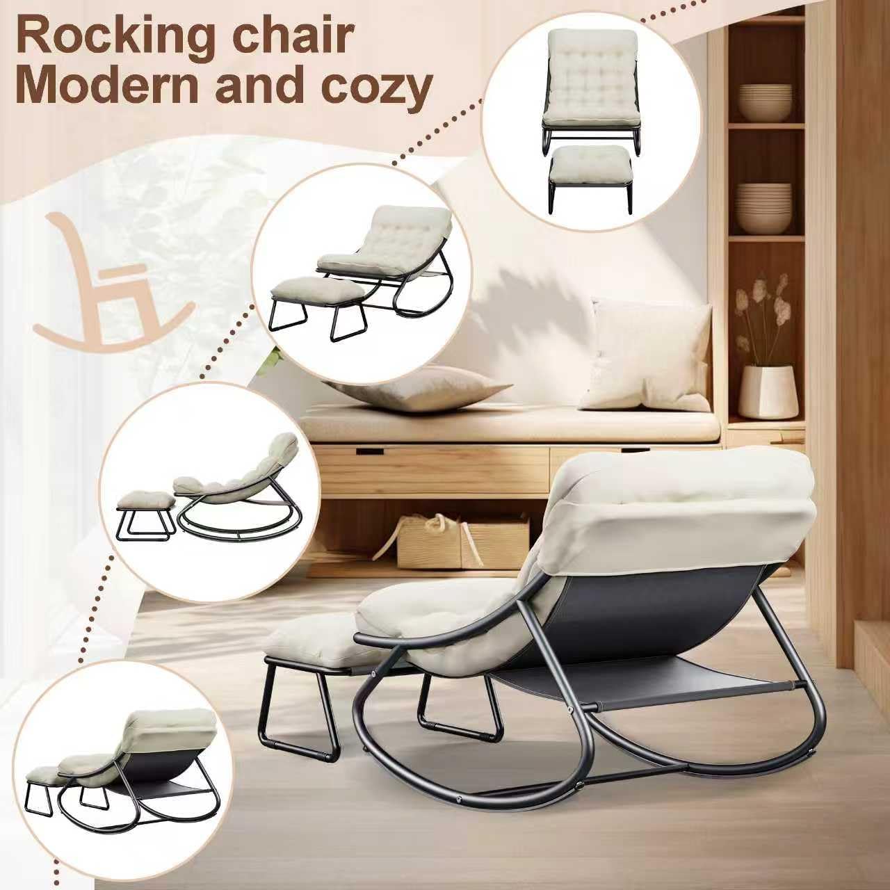 Outdoor and Indoor Rocking Chairs, Comfy Patio Chair, Rocking Chair with Ottoman and Sturdy Metal Frame, Balcony Chairs with Thickened Cushion, Silla Mecedora for Patio Porch Garden Living (White)