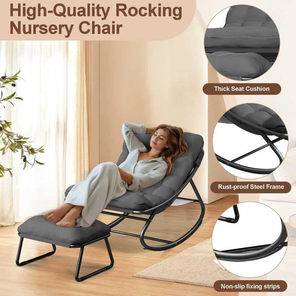 Outdoor and Indoor Rocking Chairs, Comfy Patio Chair, Rocking Chair with Ottoman and Sturdy Metal Frame, Balcony Chairs with Thickened Cushion, Silla Mecedora for Patio Porch Garden Living (Grey)