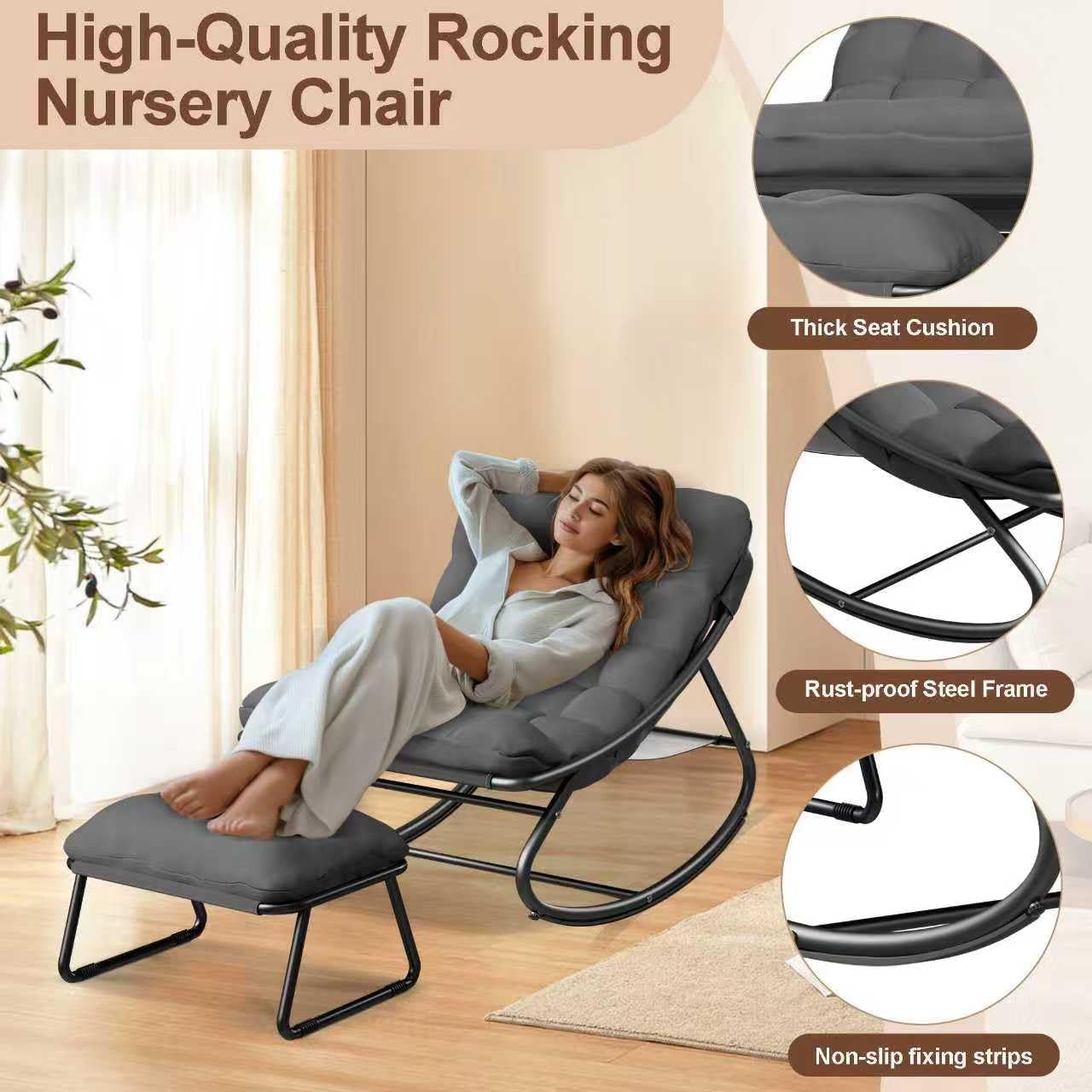 Outdoor and Indoor Rocking Chairs, Comfy Patio Chair, Rocking Chair with Ottoman and Sturdy Metal Frame, Balcony Chairs with Thickened Cushion, Silla Mecedora for Patio Porch Garden Living (Grey)