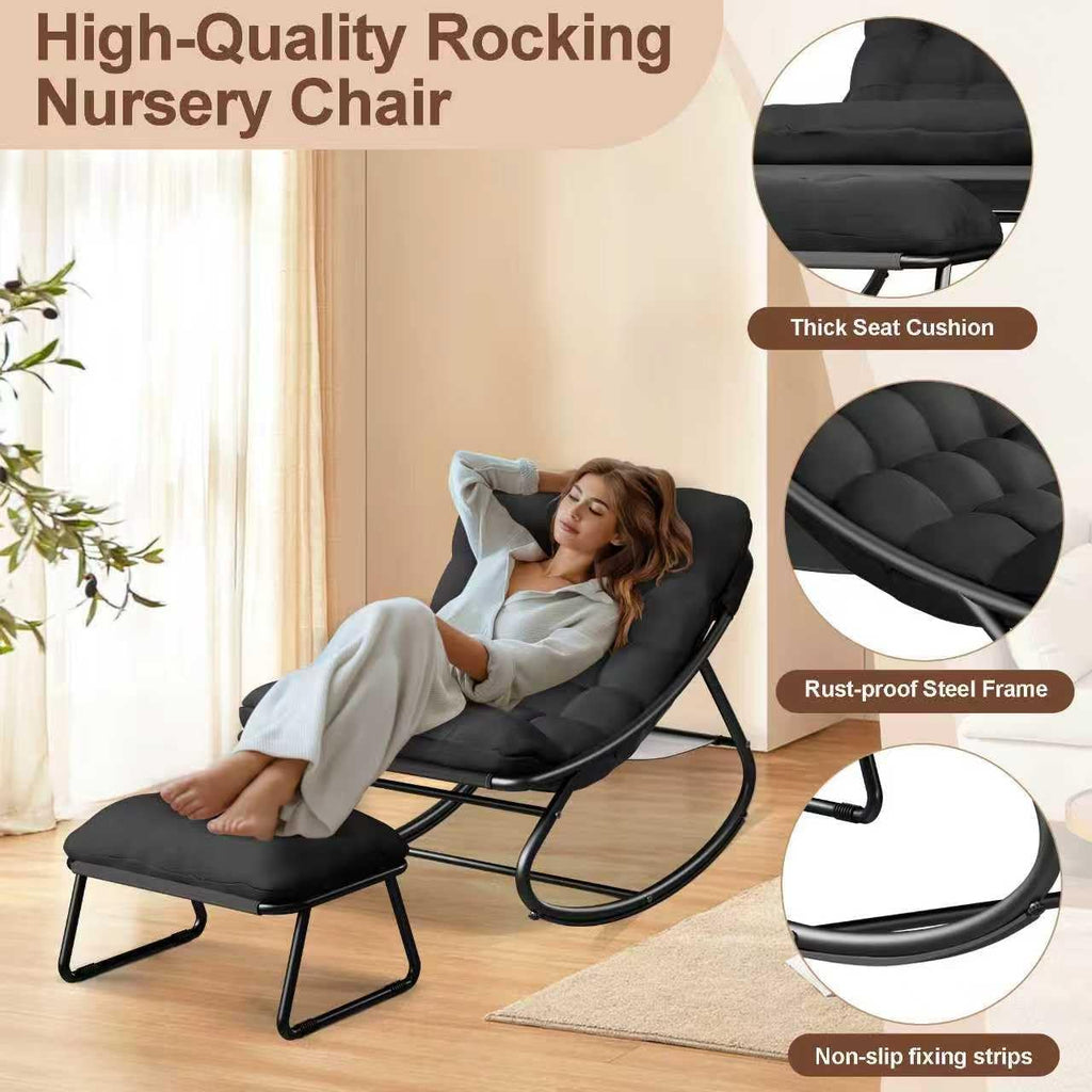 Indoor Rocking Chairs, Comfy Patio Chair, Rocking Chair with Ottoman and Sturdy Metal Frame, Balcony Chairs with Thickened Cushion, Silla Mecedora for Patio Porch Garden Living (Black)