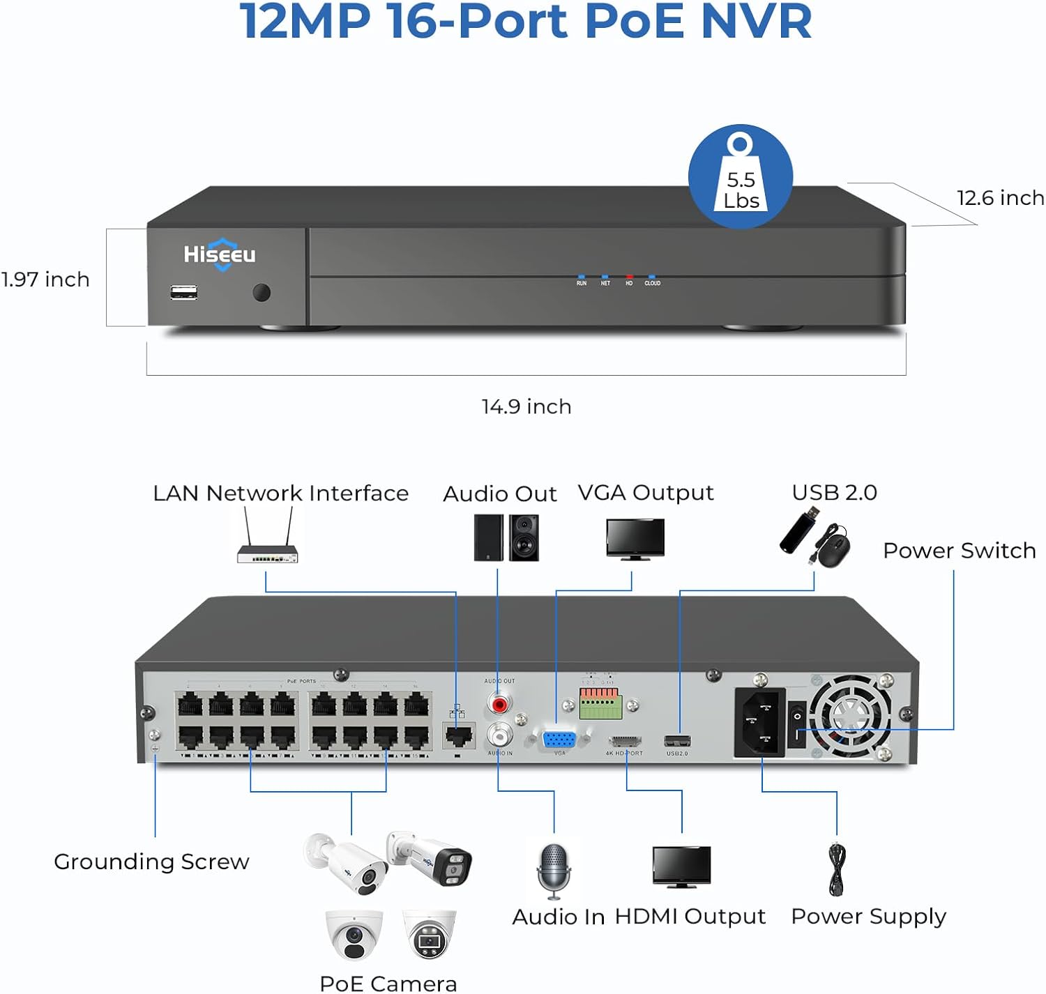 Hiseeu 12MP 16CH PoE NVR Network Video Recorder for Home Security Camera System, Work with 12MP/8MP/5MP/4MP/3MP/1080P PoE Security Camera, Motion Detect,24/7 Recording, Smart Playback, No Hard Drive