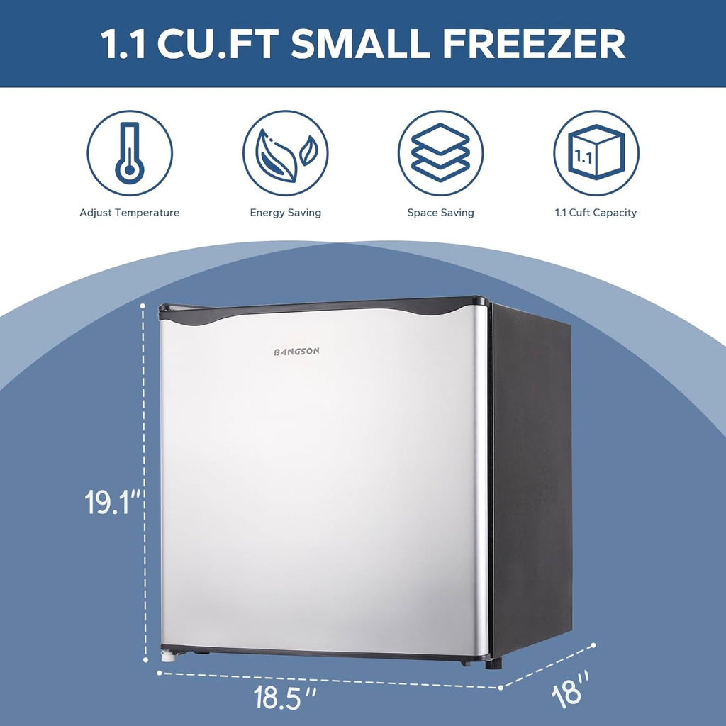 BANGSON Upright Freezer,1.1Cu.ft Energy-Saving Mini Freezer with Removable Shelf, Single Door Small Freezer for Home/Dorms/Apartment/Office(Silver)