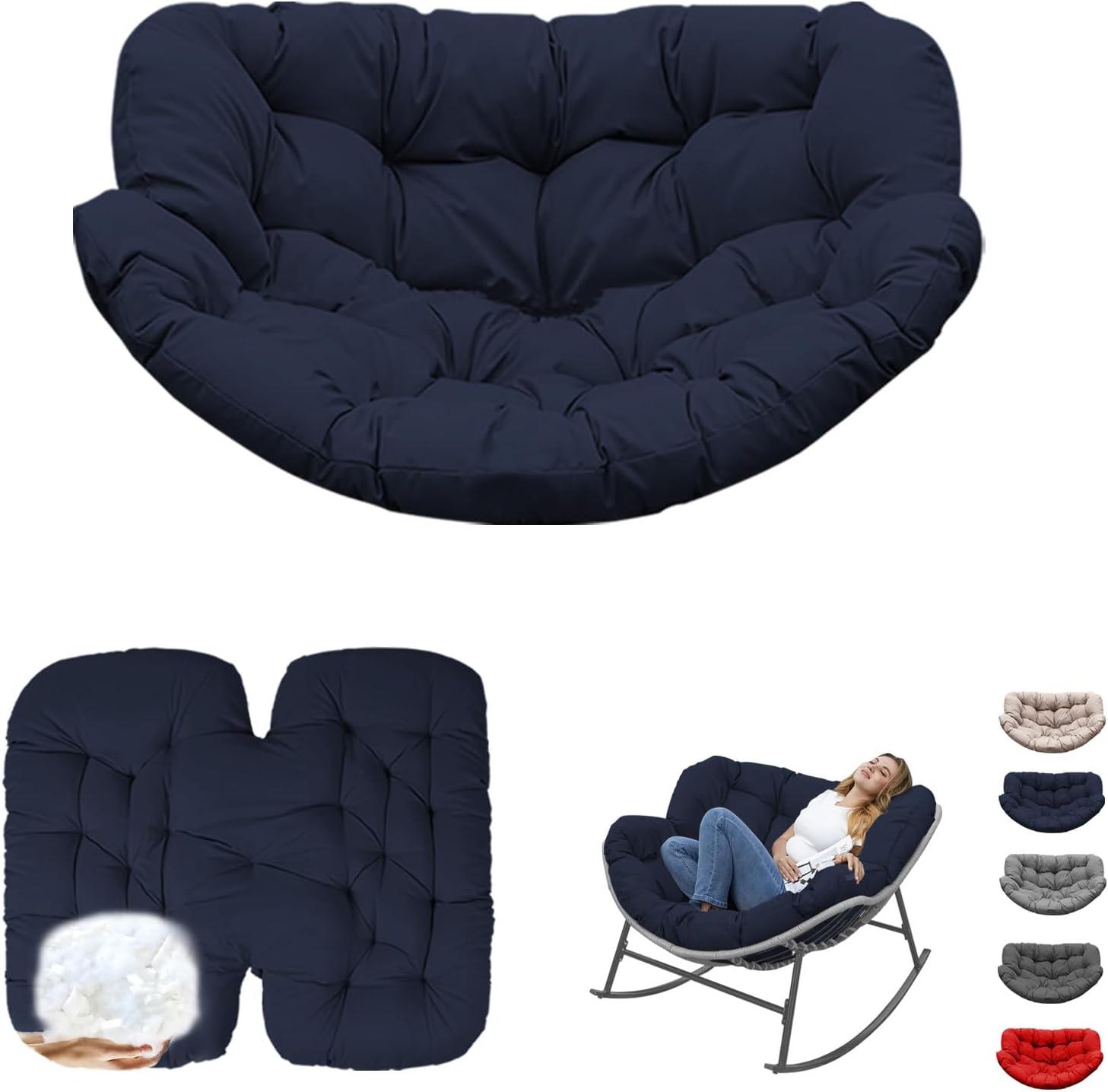 Thickened Waterproof Papasan Rocking Chair Cushion, 6.3'' Patio Egg Chair Pad with Ties, Outdoor/Indoor Rattan Hammock Cushions for Porch, Garden, Balcony(Only Cushion no Chair) (Navy Blue)