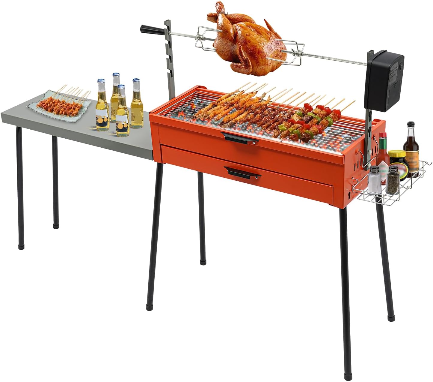 Portable Charcoal Grill Stainless Steel Barbecue Grill Camping Barbecue Grill with Detachable Table for Outdoor Cooking Camping Hiking Picnics(Orange, Silver, Black)