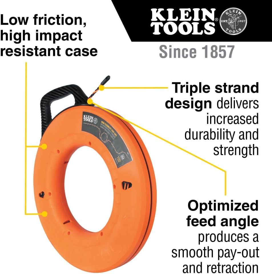 Klein Tools 50376 150-Foot Fish Tape, High-Flex Polyester, 3 Strand Braided Wire Puller Electrical Fish Tape with Non-Conductive Tip