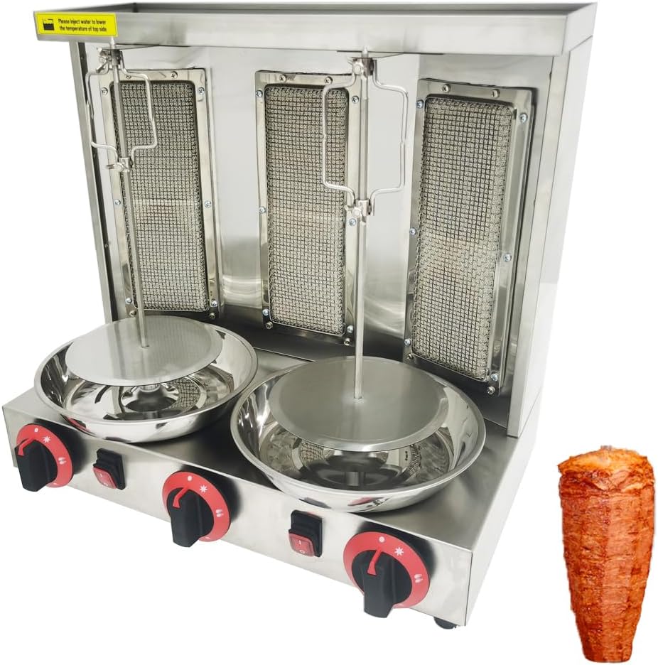 Shawarma Grill Machine LP Gas Turkish Barbecue Shawarma Rotisserie Countertop Rotating Doner Kebab Gyro Grill Oven Vertical Broiler with 3 Burners for Home Kitchen Restaurant Party