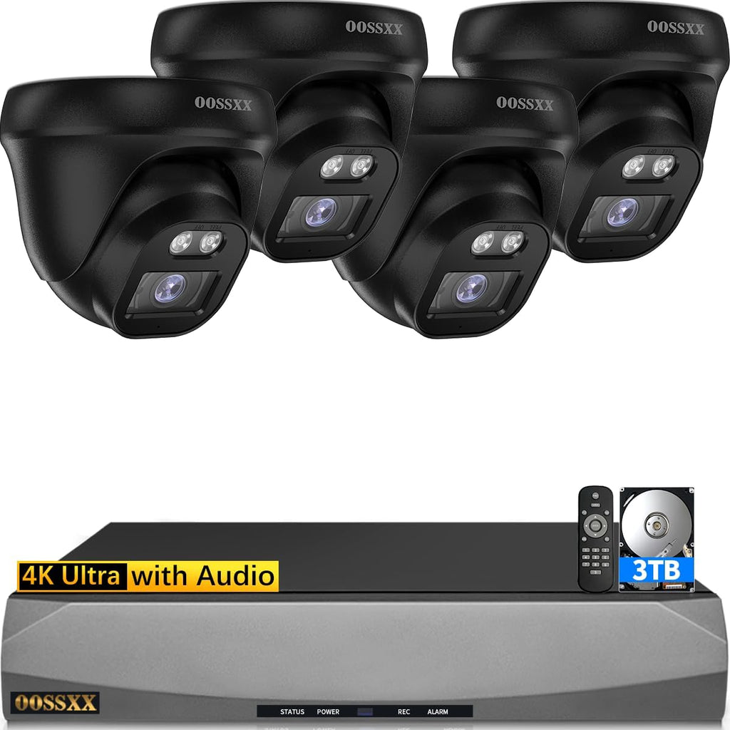 OOSSXX (2026 Update) 4K PoE Security Camera System, 4 Wired Dome Cameras Outdoor Indoor, 130° Wide Angle, 8CH NVR with 3TB HDD, Built-in Mic, Free App Remote Access, No Monthly Fee, 90 Days Recording
