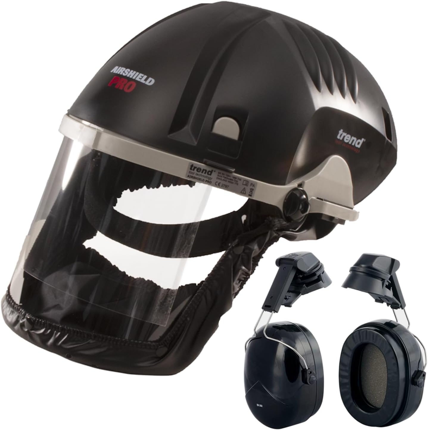 TREND Airshield Pro Full Air Circulating Face Shield w/Ear Defenders - Complete Face and Hearing Protection Pack, AIR/PRO/D2