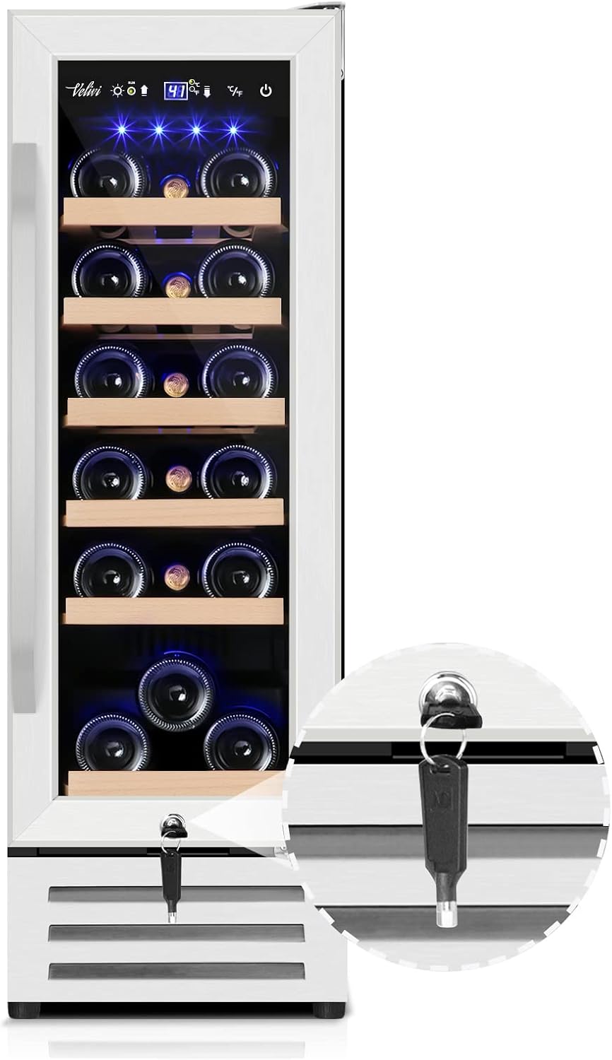 Velivi Mini Wine Fridge 18 Bottle Capacity,Built-in or Freestanding Professional Wine Chiller with Quiet and Stable Temperature Control Systems.