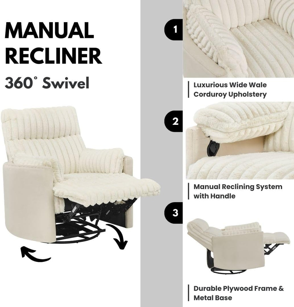 Power Swivel Rocker Recliner for Adults, Cozy Corduroy Recliner Chair with 2 Pillows for Bedroom, Electric Glider Rocking Nursery Chairs for Living Room (Beige)