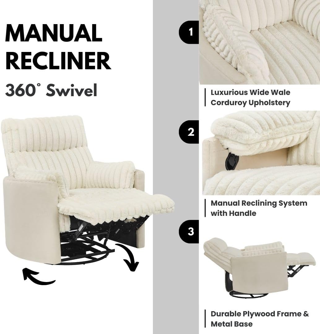 Power Swivel Rocker Recliner for Adults, Cozy Corduroy Recliner Chair with 2 Pillows for Bedroom, Electric Glider Rocking Nursery Chairs for Living Room (Beige)