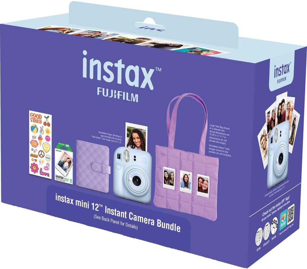 FUJIFILM instax mini 12 Instant Film Camera Holiday Bundle (Pastel Blue) with 2 x Instax Mini Instant Film - Foil Pack and Microfiber Cloth