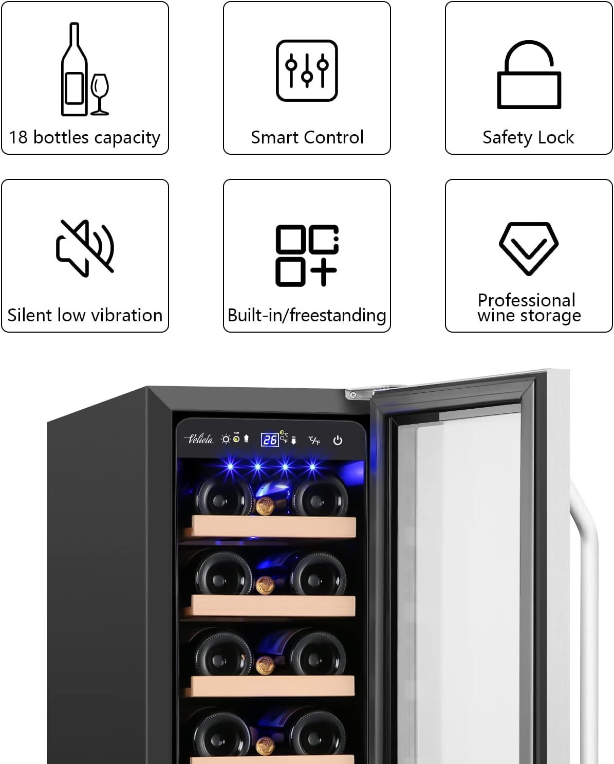12 Inch Wine Cooler Refrigerator,Mini Wine Fridge 18 Bottle Capacity,Built-in or Freestanding Professional Wine Chiller with Quiet and Stable Temperature Control Systems.