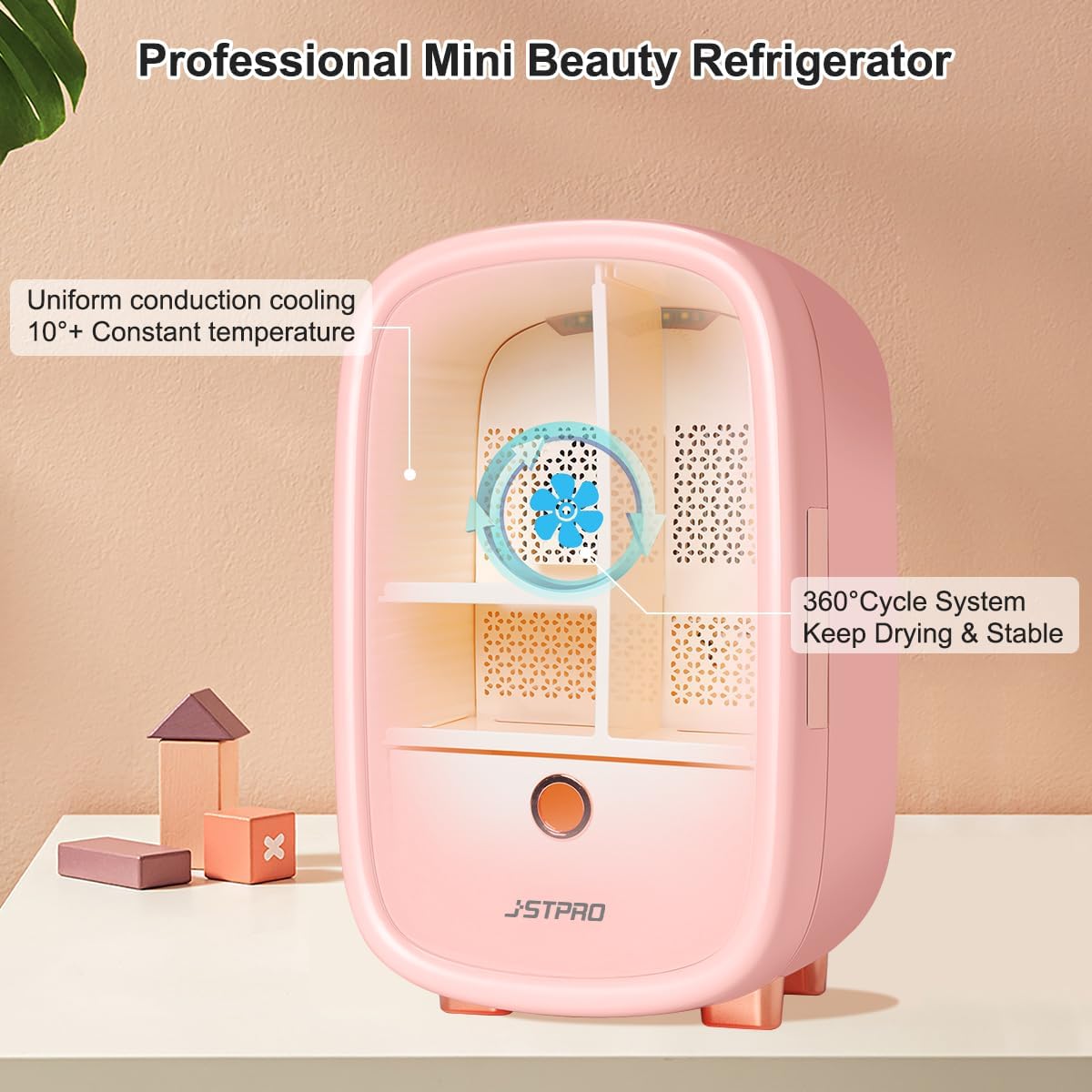 JSTPRO Skincare Fridge 12 Liter, Beauty Fridge for Comestic Storage, 10°C/50°F + Intelligent Constant Temperature Control Mini Compact Pink Cosmetics Refrigerator for Makeup Lipstick