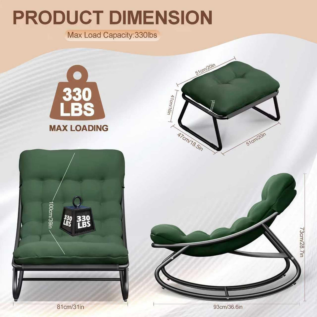 Outdoor and Indoor Rocking Chairs, Comfy Patio Chair, Rocking Chair with Ottoman and Sturdy Metal Frame, Balcony Chairs with Thickened Cushion, Silla Mecedora for Patio Porch Garden Living (Green)