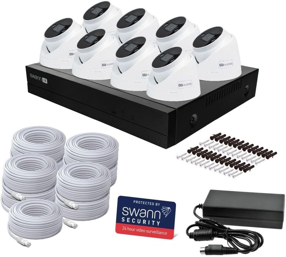 Swann AdvancedX™ Wired NVR 4K Security Camera System, 8 Channels, 8 PoE Dome Cameras Outdoor, 1TB HDD Storage, Color Night Vision, Smart AI Video Analytics/Alerts, Advanced Motion Detect
