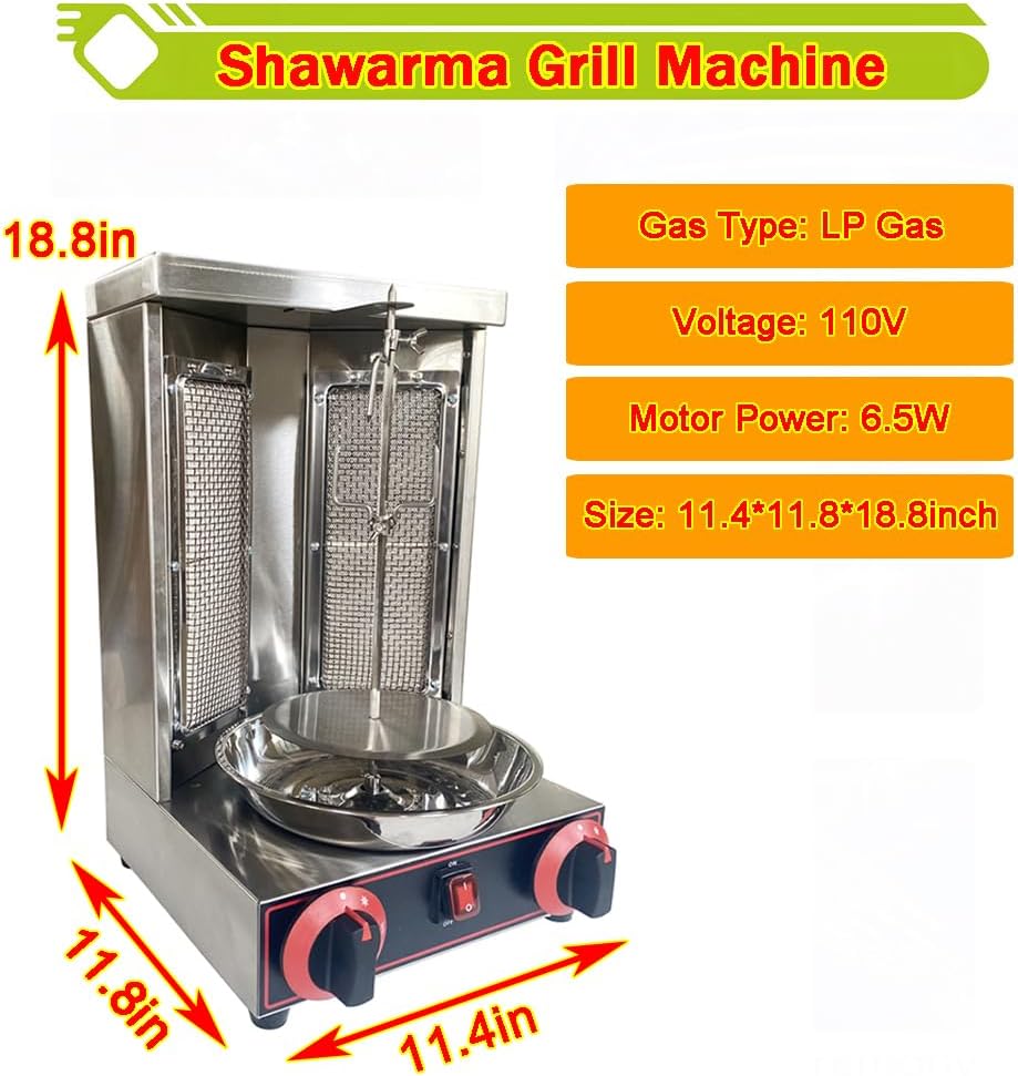 Shawarma Grill Machine Vertical Broiler LP Gas Turkish Barbecue Shawarma Rotisserie Countertop Rotating Doner Kebab Gyro Grill Oven with 2 Burners for Home Kitchen Restaurant Party