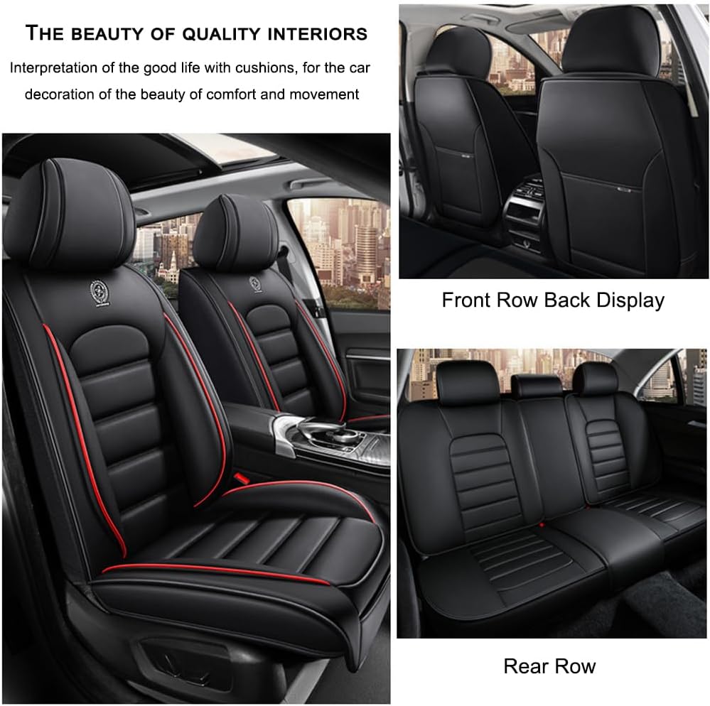 5 Seat Covers for Subaru Outback 2000-2024 Leather Car Seat Covers Waterproof Anti-Slip Soft Car Seat Protectors Comfort Automotive Seat Covers with Airbag（Standard,Black+Red Bars）