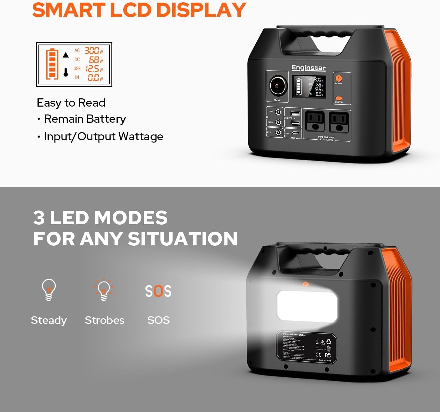 EnginStar Portable Power Station, 300W 296Wh Battery Bank with 110V Pure Sine Wave AC Outlet,100W Foldable Solar Panel Charger with 18V DC Outlet for Portable Power Stations