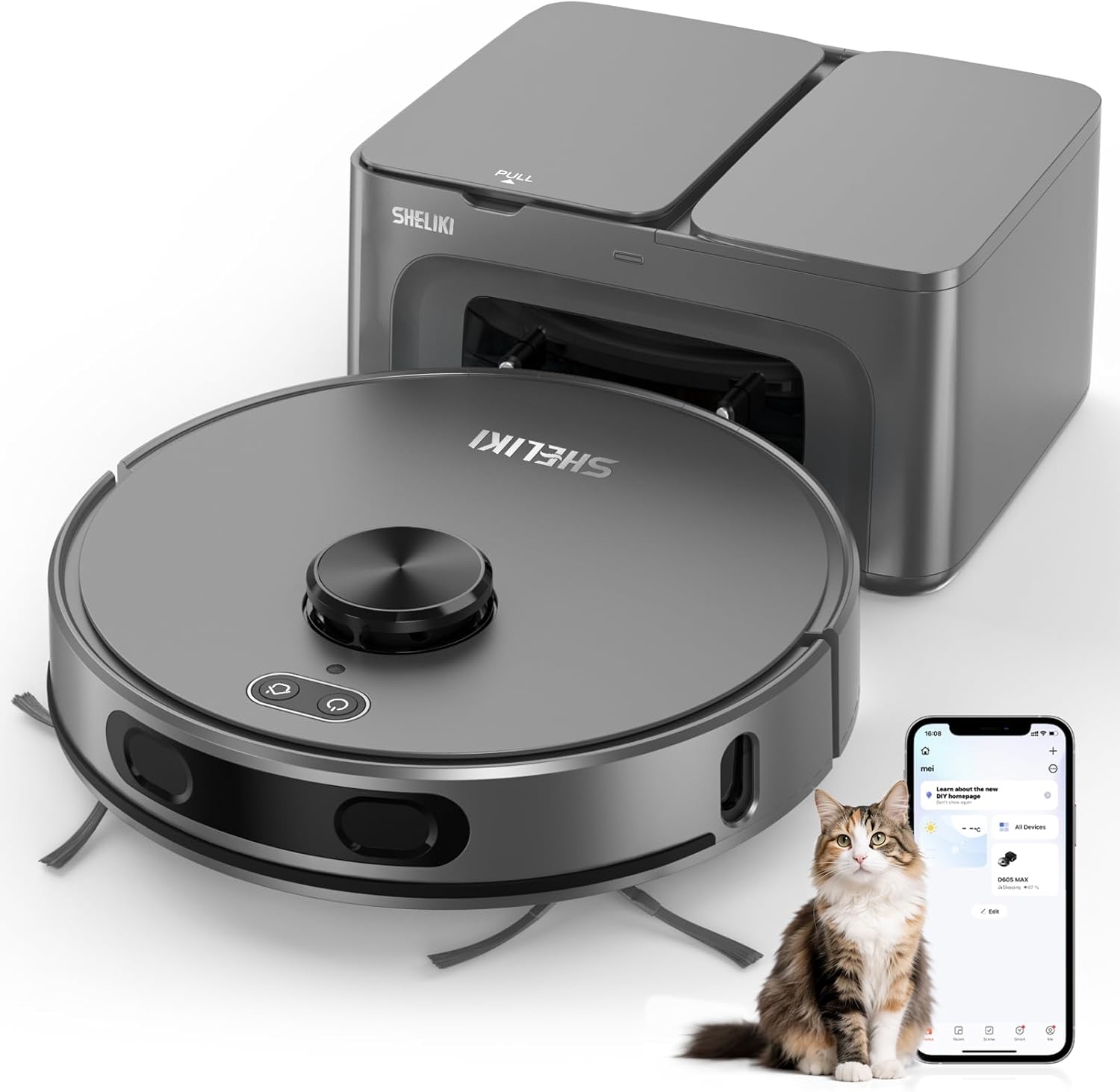 SHELIKI Robot Vacuum and Mop Combo, 3-in-1 Robotic Vacuums Cleaner with 70-Day Self-Emptying Base, LiDAR Navigation Smart Mapping & Strong 6000Pa Suction, for Pet Hair, Hard Floor, Carpet
