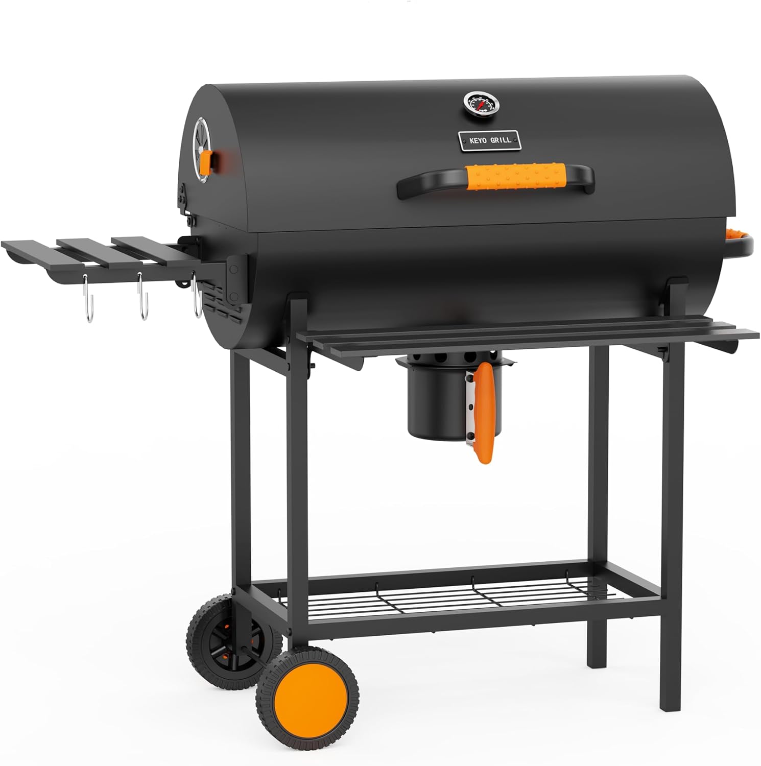 KEYO GRILL 29-Inch Barrel Charcoal Grill, Heavy duty BBQ Grill with Adjustable Air Vent, One Click Cleaning System Barbecue Smoker Grill Combo for Backyard, Camping and Tailgate