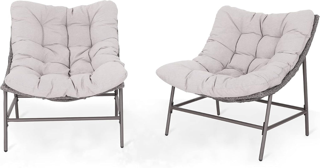PHI VILLA Outdoor Papasan Chairs Set of 2, Oversized Scoop Wicker Chairs with Cushions & Steel Frame, Double Comfy Conversation Reading Furniture for Apartment Patio, Porch, Deck, Balcony