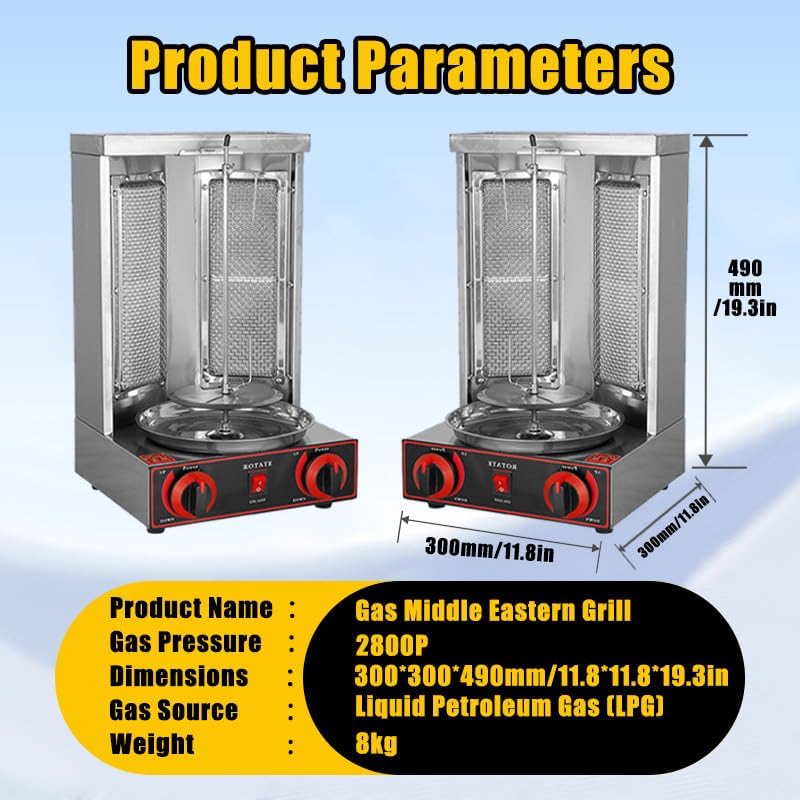 Shawarma Grill Machine, LPG Gas Gyro Grill Oven, Vertical Broiler Rotating, Doner Kebab Machine, with 2 Burners for Home Kitchen Adjustable Temperature,Roasting 10kg of Meat Black