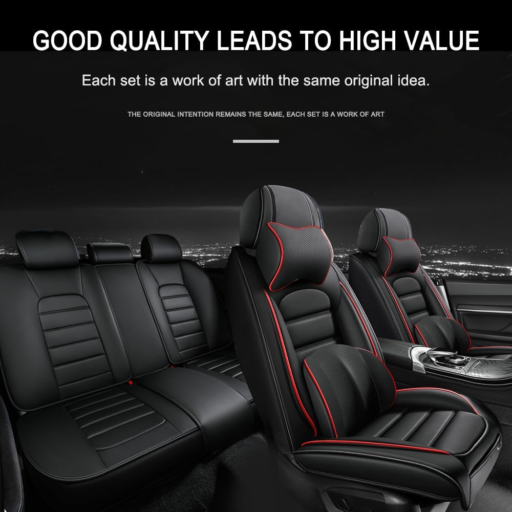 5 Seat Covers for Toyota Corolla Cross 2010-2025 2026 Leather Car Seat Covers Waterproof Anti-Slip Car Seat Protectors Comfort Automotive Seat Covers with Airbag（Luxury,Black+Red Bars）