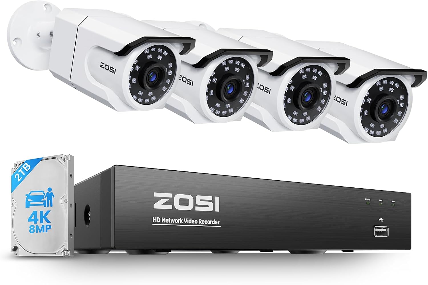 ZOSI 4K PoE Security Camera System, 4pcs 8MP Weatherproof Indoor Outdoor Bullet Cameras with Person Vehicle Detection, 100ft Night Vision, 4K/8MP 8CH NVR with 2TB HDD for 24/7 Video & Audio Recording