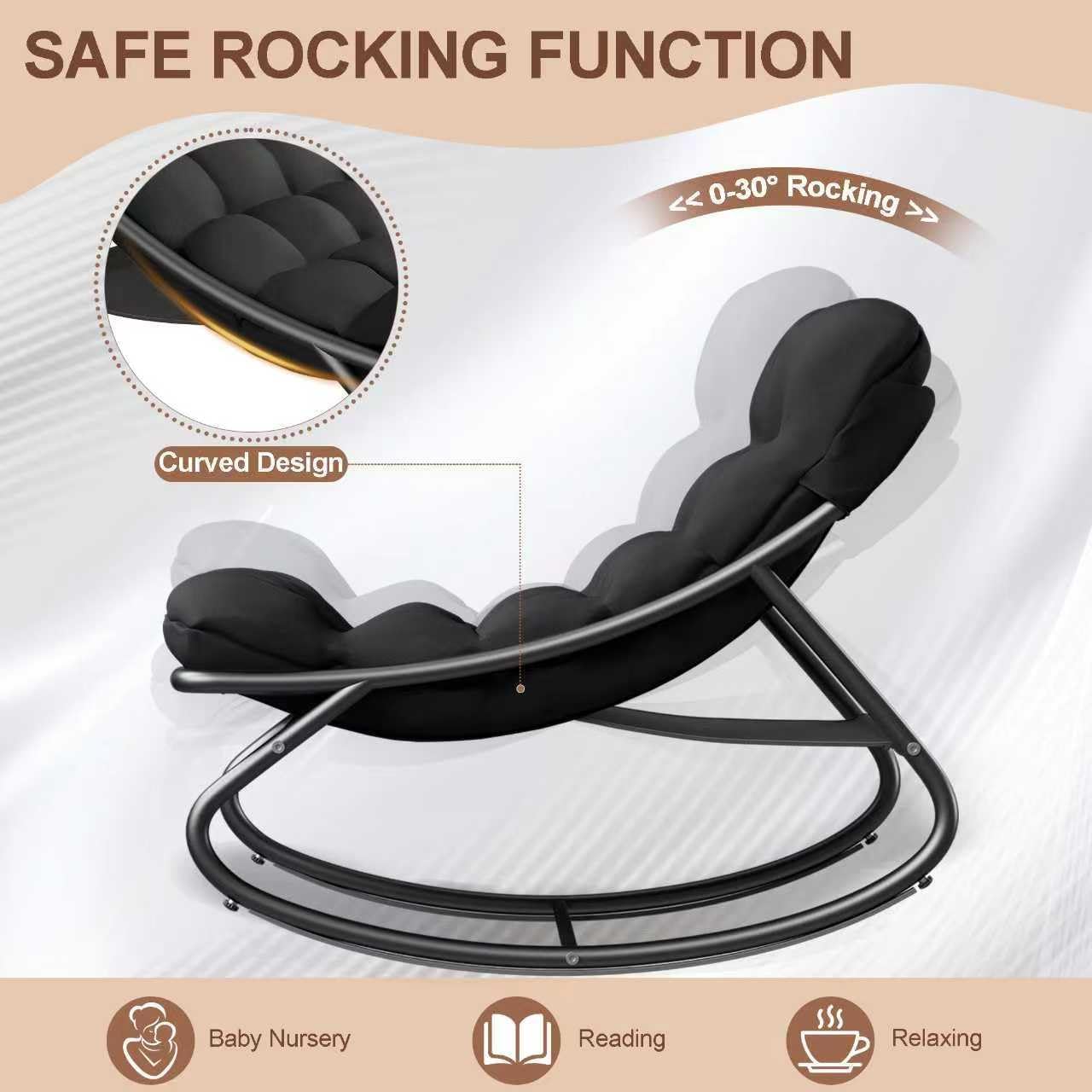 Indoor Rocking Chairs, Comfy Patio Chair, Rocking Chair with Ottoman and Sturdy Metal Frame, Balcony Chairs with Thickened Cushion, Silla Mecedora for Patio Porch Garden Living (Black)