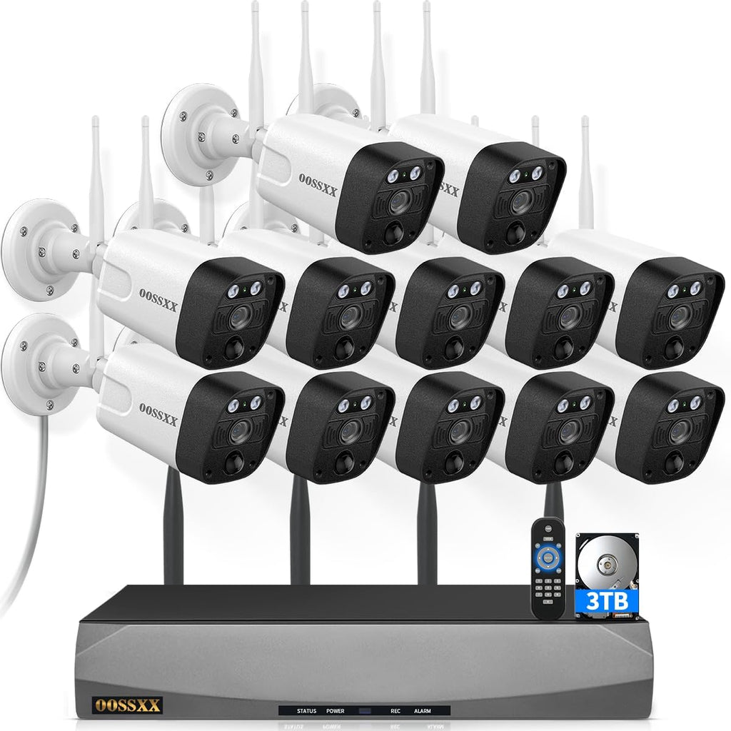 5.5MP & 2-Way Audio Dual Antennas Security Wireless Camera System 3K 5.0MP 1944P Wireless Surveillance Monitor DVR Kits with 3TB Hard Drive,12Pcs Outdoor WiFi Security Cameras PIR Detection