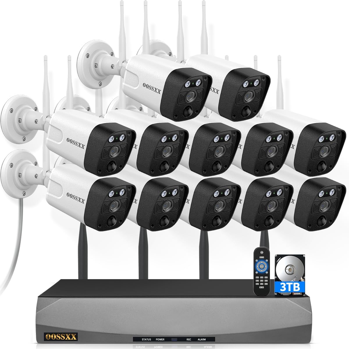 5.5MP & 2-Way Audio Dual Antennas Security Wireless Camera System 3K 5.0MP 1944P Wireless Surveillance Monitor DVR Kits with 3TB Hard Drive,12Pcs Outdoor WiFi Security Cameras PIR Detection