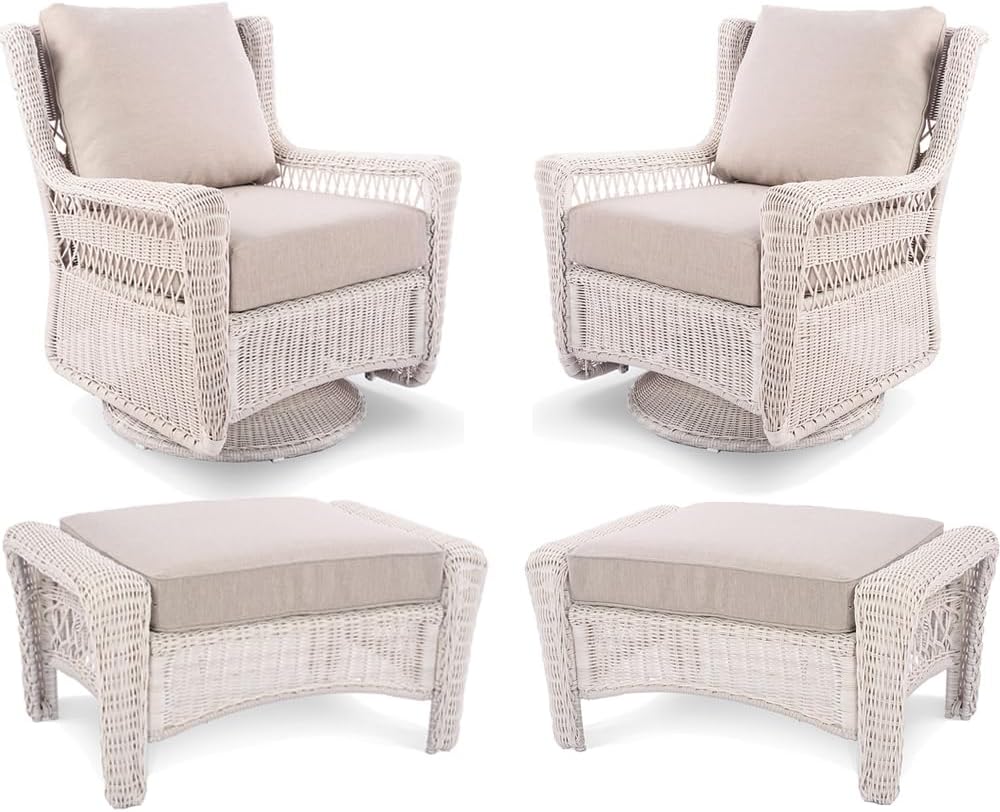Park Meadow 4-Piece Patio Wicker Swivel Rocking Chairs Bistro Set, All-Weather Hand-Woven HDPE Rattan with Ottoman Footrest for Backyard Porch Deck (Taupe Beige/Off-White)