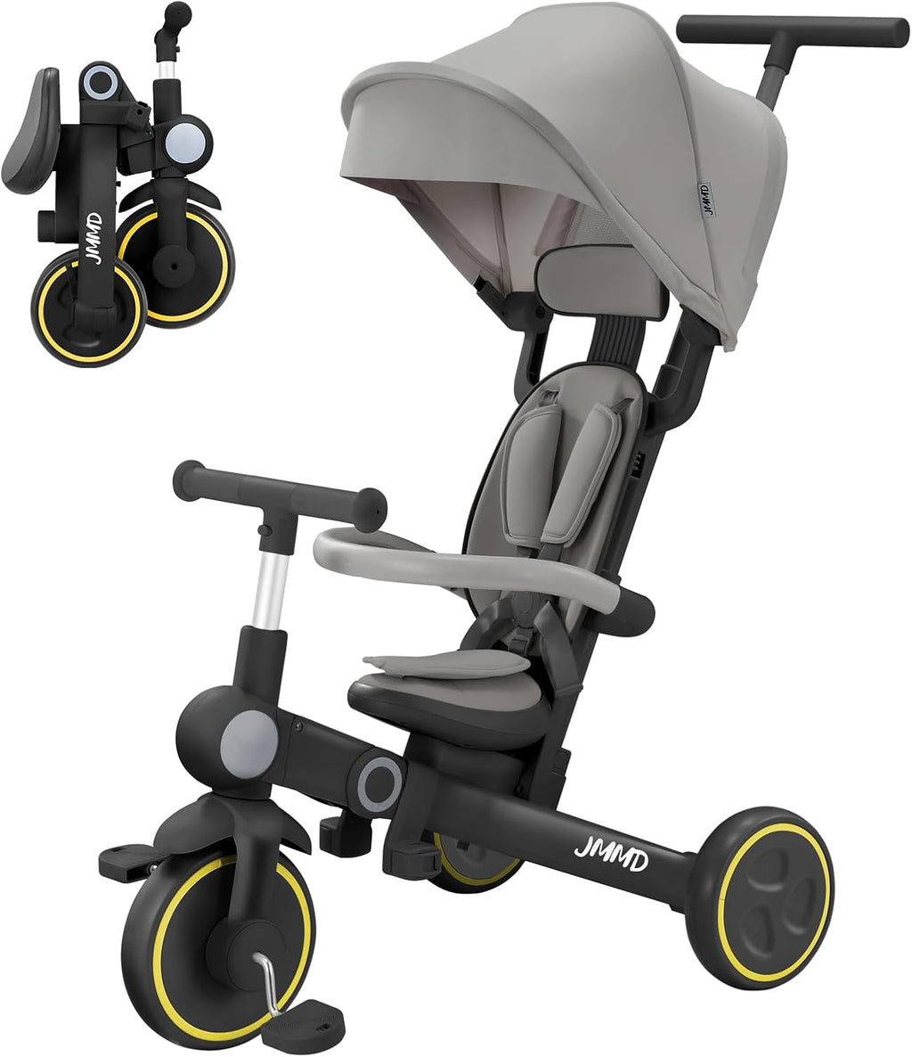 JMMD Baby Tricycle, 7-in-1 Multifunctional Kids Trike with Adjustable Parent Handle, Safety Harness & Wheel Brakes, Removable Canopy, Stroll Trike for Boys & Girls Ages 18 Months-5 Years, Black